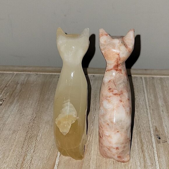 Vintage Pink Coral Marble Stone Cat & Honey Onxy Cat Tabletop Decor Crystal - Picture 4 of 7